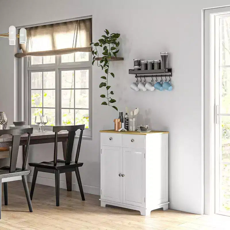 Mobile Contenitore Okak con Piano in Legno, Madia con 2 Ante e 2 Cassetti, Mobile Bar per Soggiorno, Cucina, Sala da Pranzo, Bianco