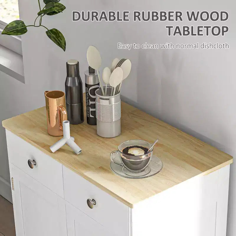 Mobile Contenitore Okak con Piano in Legno, Madia con 2 Ante e 2 Cassetti, Mobile Bar per Soggiorno, Cucina, Sala da Pranzo, Bianco