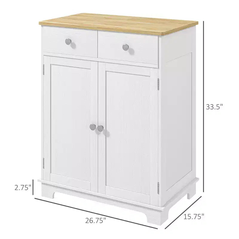 Mobile Contenitore Okak con Piano in Legno, Madia con 2 Ante e 2 Cassetti, Mobile Bar per Soggiorno, Cucina, Sala da Pranzo, Bianco