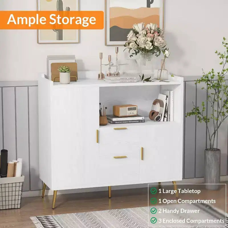 COZONY 40 Mobile Credenza con Vano Contenitore, 2 Cassetti e 2 Ante, Mobile Contenitore da Cucina/Caffetteria per Sala da Pranzo, Ingresso