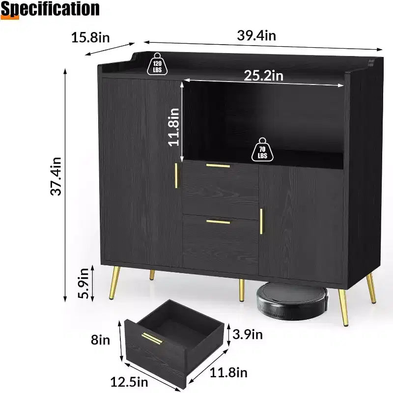 COZONY 40 Mobile Credenza con Vano Contenitore, 2 Cassetti e 2 Ante, Mobile Contenitore da Cucina/Caffetteria per Sala da Pranzo, Ingresso
