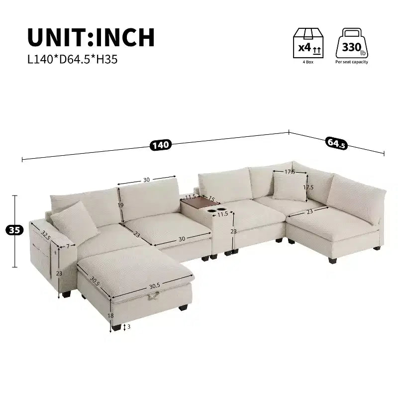 Divano Sezionale Modulare Polibi Oversize 6 Posti a U in Velluto a Coste Multifunzione con Pouf Contenitore