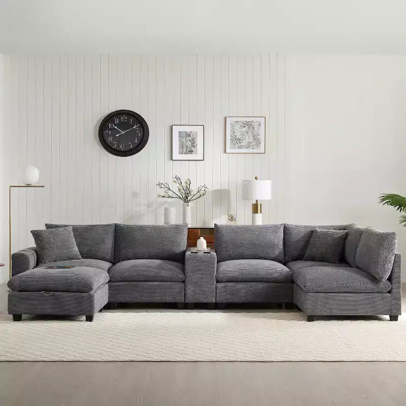 Divano Sezionale Modulare Polibi Oversize 6 Posti a U in Velluto a Coste Multifunzione con Pouf Contenitore