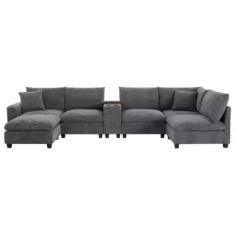 Divano Sezionale Modulare Polibi Oversize 6 Posti a U in Velluto a Coste Multifunzione con Pouf Contenitore