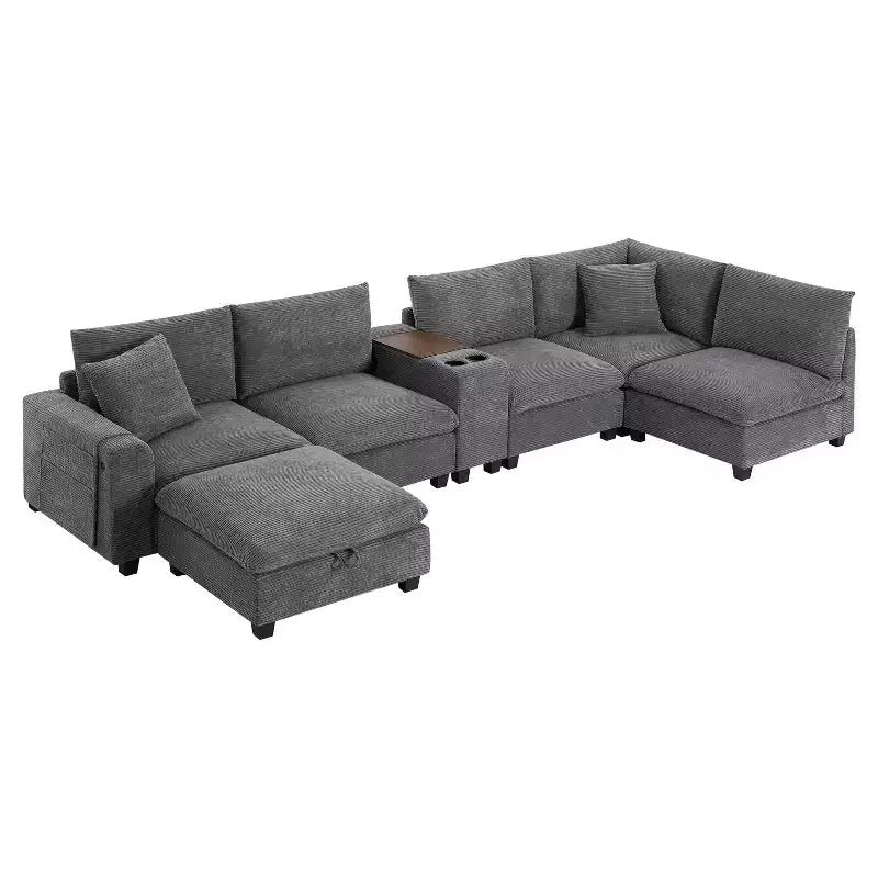 Divano Sezionale Modulare Polibi Oversize 6 Posti a U in Velluto a Coste Multifunzione con Pouf Contenitore