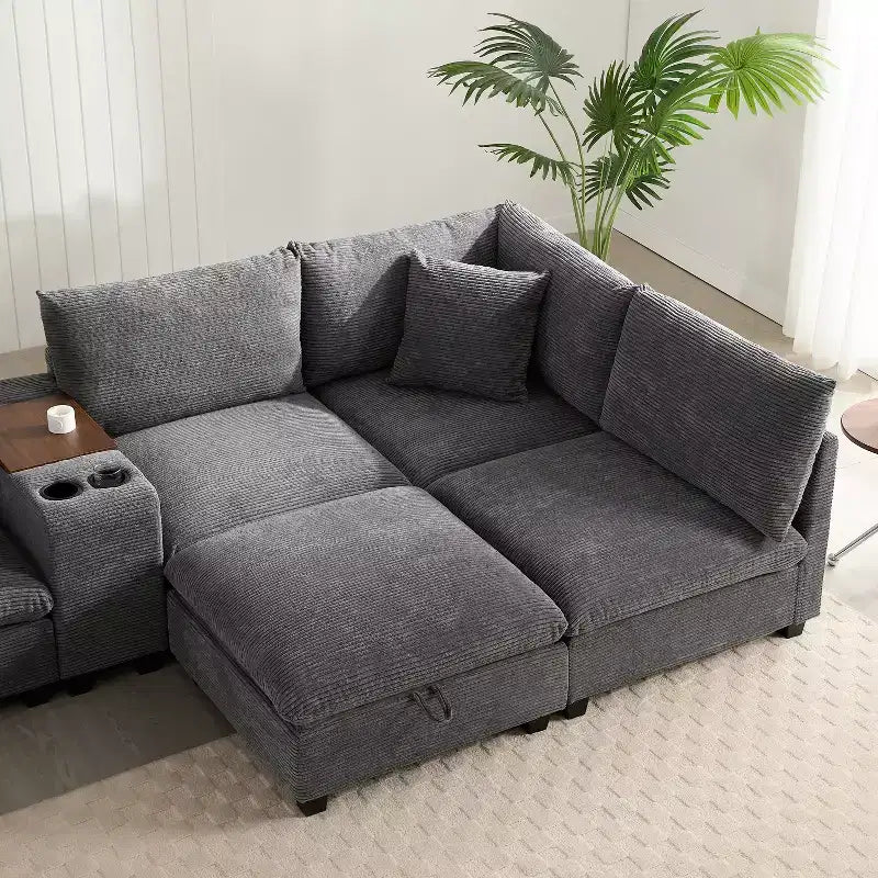 Divano Sezionale Modulare Polibi Oversize 6 Posti a U in Velluto a Coste Multifunzione con Pouf Contenitore