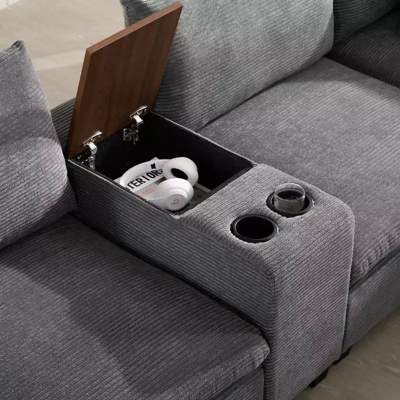 Divano Sezionale Modulare Polibi Oversize 6 Posti a U in Velluto a Coste Multifunzione con Pouf Contenitore