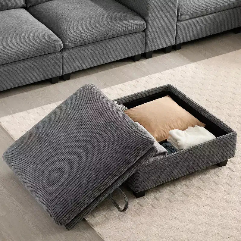 Divano Sezionale Modulare Polibi Oversize 6 Posti a U in Velluto a Coste Multifunzione con Pouf Contenitore