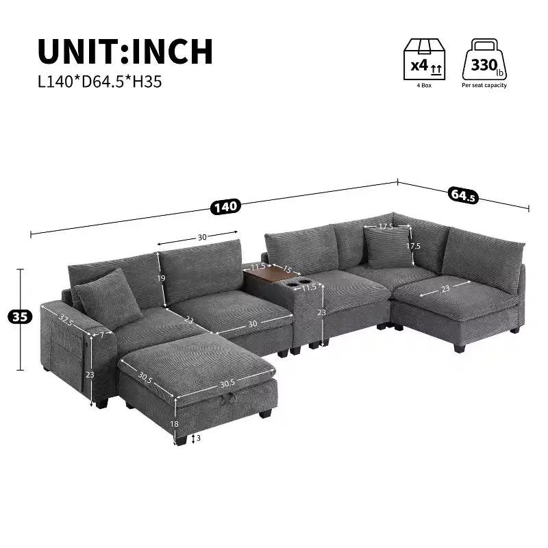 Divano Sezionale Modulare Polibi Oversize 6 Posti a U in Velluto a Coste Multifunzione con Pouf Contenitore