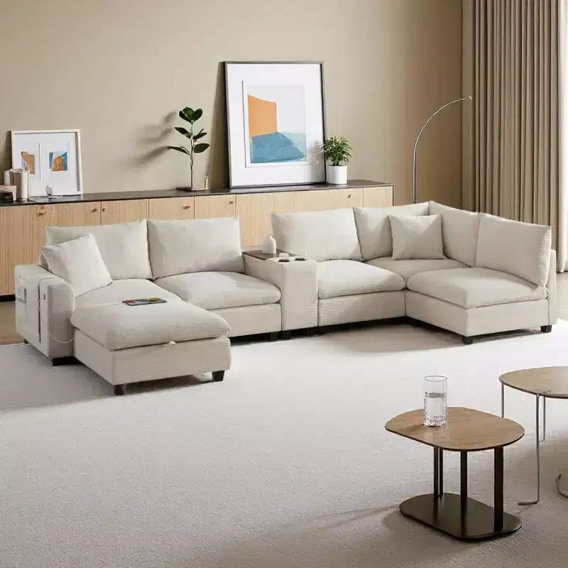Divano Sezionale Modulare Polibi Oversize 6 Posti a U in Velluto a Coste Multifunzione con Pouf Contenitore
