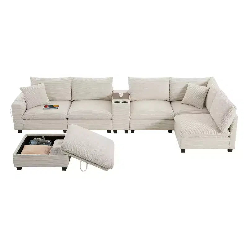 Divano Sezionale Modulare Polibi Oversize 6 Posti a U in Velluto a Coste Multifunzione con Pouf Contenitore