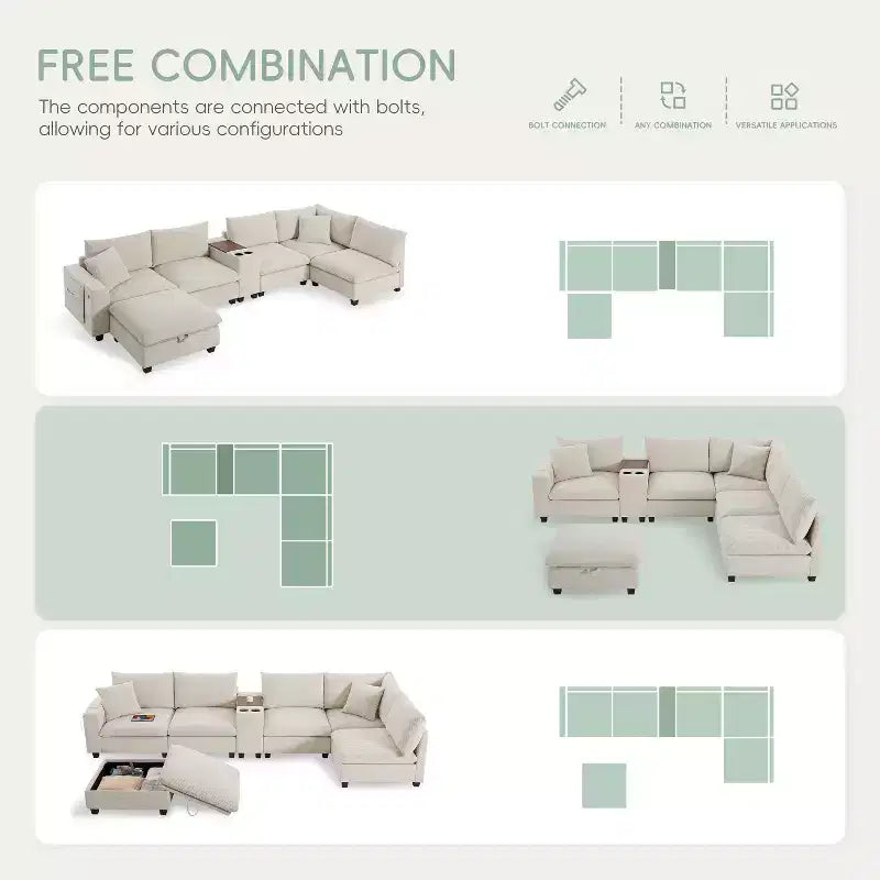 Divano Sezionale Modulare Polibi Oversize 6 Posti a U in Velluto a Coste Multifunzione con Pouf Contenitore