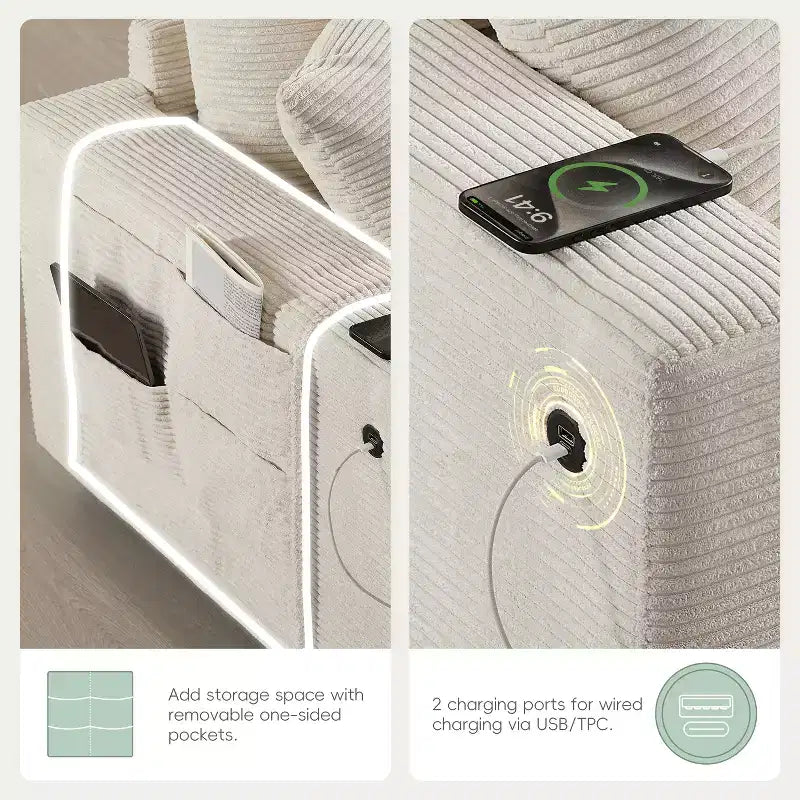 Divano Sezionale Modulare Polibi Oversize 6 Posti a U in Velluto a Coste Multifunzione con Pouf Contenitore