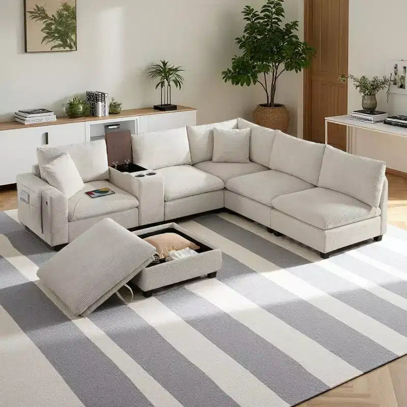 Polibi Multifunctional Oversized 6-Seat U-Shaped Corduroy Modular Sectional Sofa with Storage Ottoman