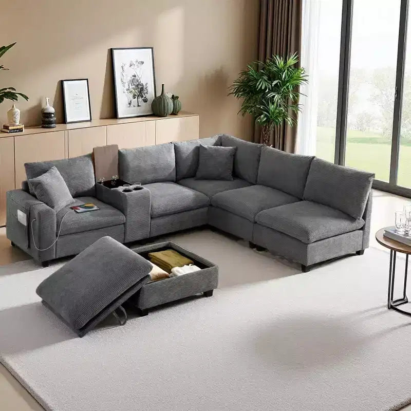 Divano Sezionale Modulare Polibi Oversize 6 Posti a U in Velluto a Coste Multifunzione con Pouf Contenitore