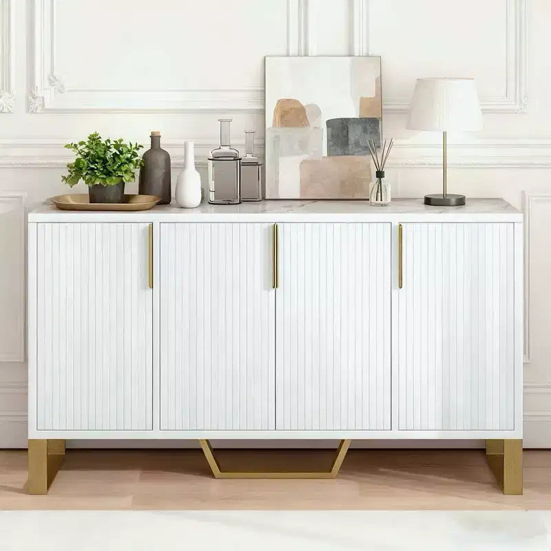 Hostack Sideboard Cabinet with 4 Doors, Adjustable Shelves, Metal Handles and Legs for Living Room, White