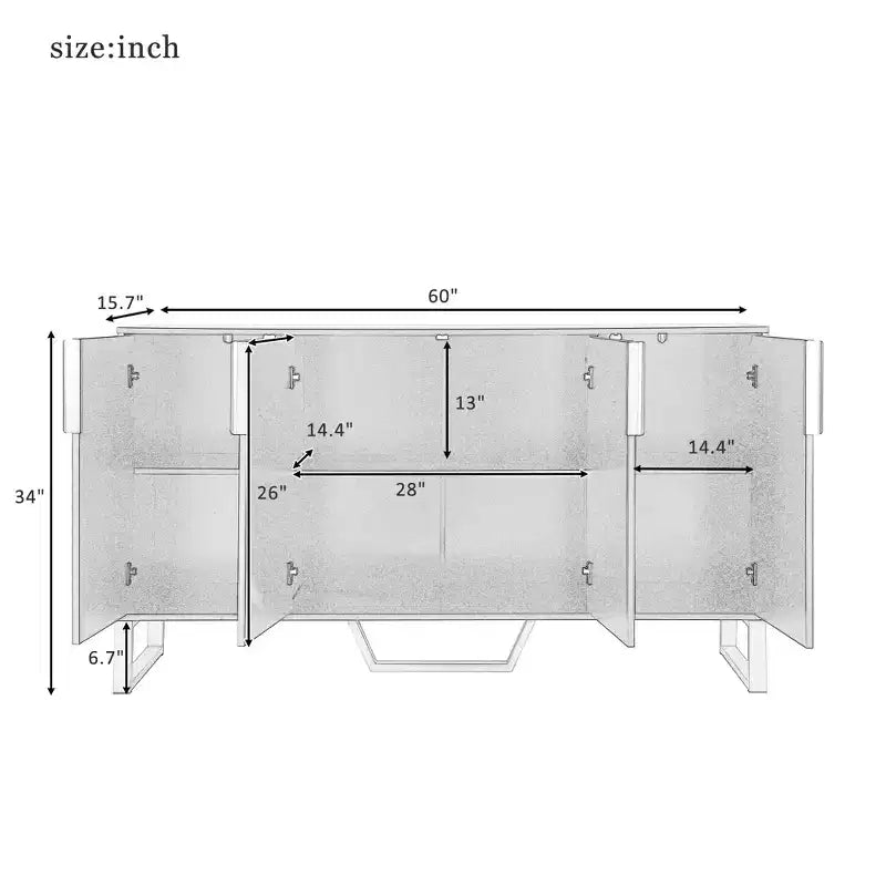 Credenza Hostack con 4 Ante, Ripiani Regolabili, Maniglie e Gambe in Metallo per Soggiorno, Bianco