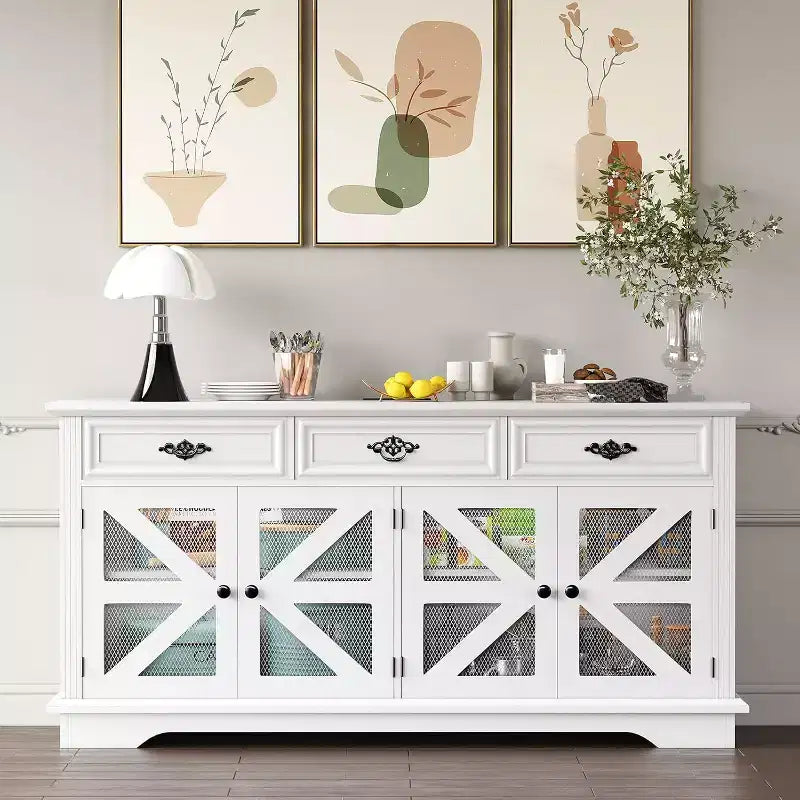 COZONY 63 Mobile Buffet con 3 Cassetti Scaffali Regolabili, Stazione di Ricarica e 4 Ante a Rete Scorrevole, Mobiletto Bar per Sala da Pranzo e Soggiorno