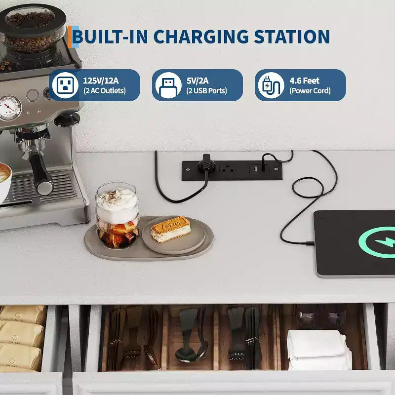 COZONY 63 Mobile Buffet con 3 Cassetti Scaffali Regolabili, Stazione di Ricarica e 4 Ante a Rete Scorrevole, Mobiletto Bar per Sala da Pranzo e Soggiorno