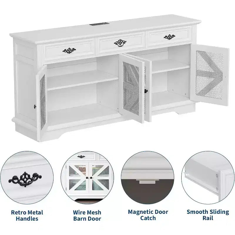 COZONY 63 Mobile Buffet con 3 Cassetti Scaffali Regolabili, Stazione di Ricarica e 4 Ante a Rete Scorrevole, Mobiletto Bar per Sala da Pranzo e Soggiorno