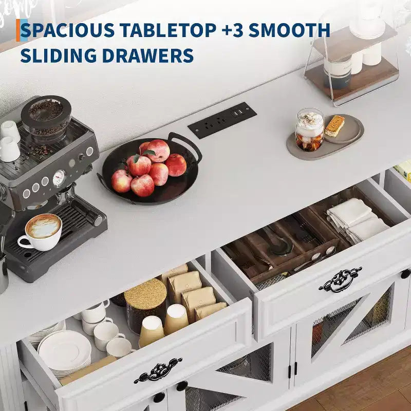 COZONY 63 Mobile Buffet con 3 Cassetti Scaffali Regolabili, Stazione di Ricarica e 4 Ante a Rete Scorrevole, Mobiletto Bar per Sala da Pranzo e Soggiorno