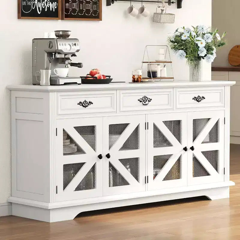 COZONY 63 Mobile Buffet con 3 Cassetti Scaffali Regolabili, Stazione di Ricarica e 4 Ante a Rete Scorrevole, Mobiletto Bar per Sala da Pranzo e Soggiorno