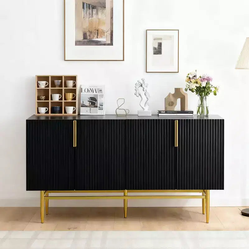 Hostack 4-Door Sideboard Cabinet with Gold Metal Handles and Elegant Storage for Dining and Living Room, Black