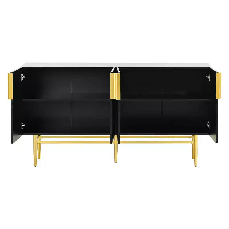 Hostack Buffet 4 portes avec poignées en métal doré et rangement élégant pour salle à manger et salon, noir