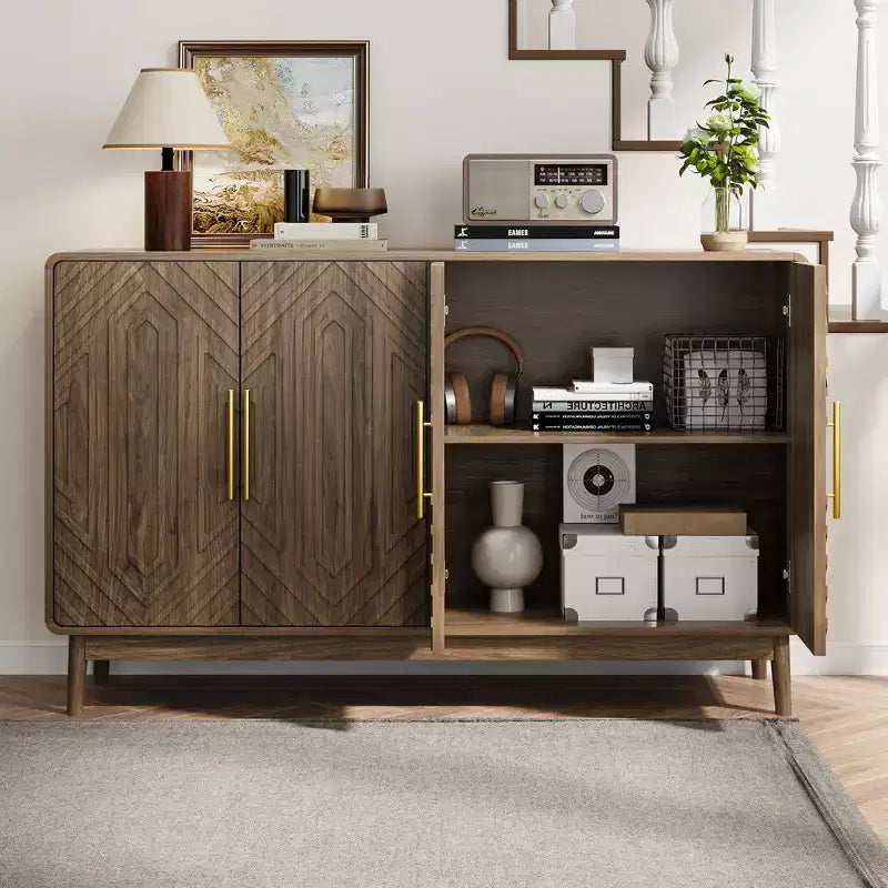 Buffet bas Okak, meuble d'appoint avec 4 portes et 4 étagères réglables, meuble de rangement pour salon, entrée, couloir, Naturel