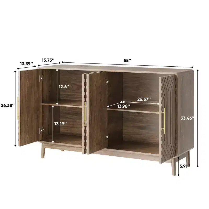 Buffet bas Okak, meuble d'appoint avec 4 portes et 4 étagères réglables, meuble de rangement pour salon, entrée, couloir, Naturel