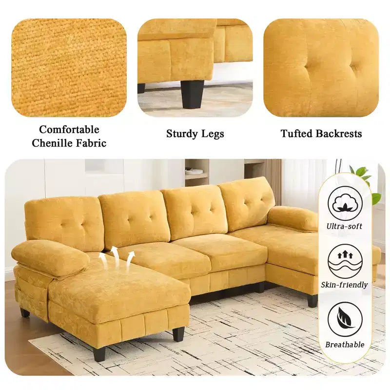 Canapé d'angle en chenille en U ultra-moelleux Polibi avec deux méridiennes