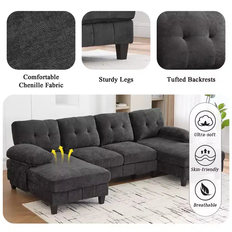 Canapé d'angle en chenille en U ultra-moelleux Polibi avec deux méridiennes