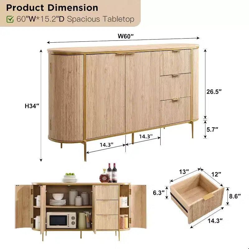 Madia Credenza con Scanalature, Mobile Buffet Moderno da 60", Tavolo da Caffè, Bar per Vini, Mobile Consolle Contenitore, Tavolino d'Appoggio per Sala da Pranzo, Soggiorno