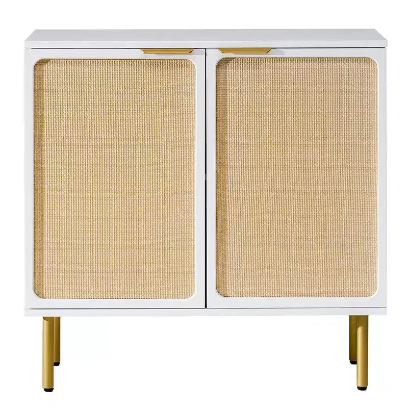 AMERLIFE 31.5 Wide Bohemian Rattan 2-Door Accent Cabinet with Gold Rubberwood Legs