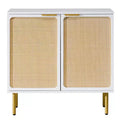 AMERLIFE 31.5 Wide Bohemian Rattan 2-Door Accent Cabinet with Gold Rubberwood Legs