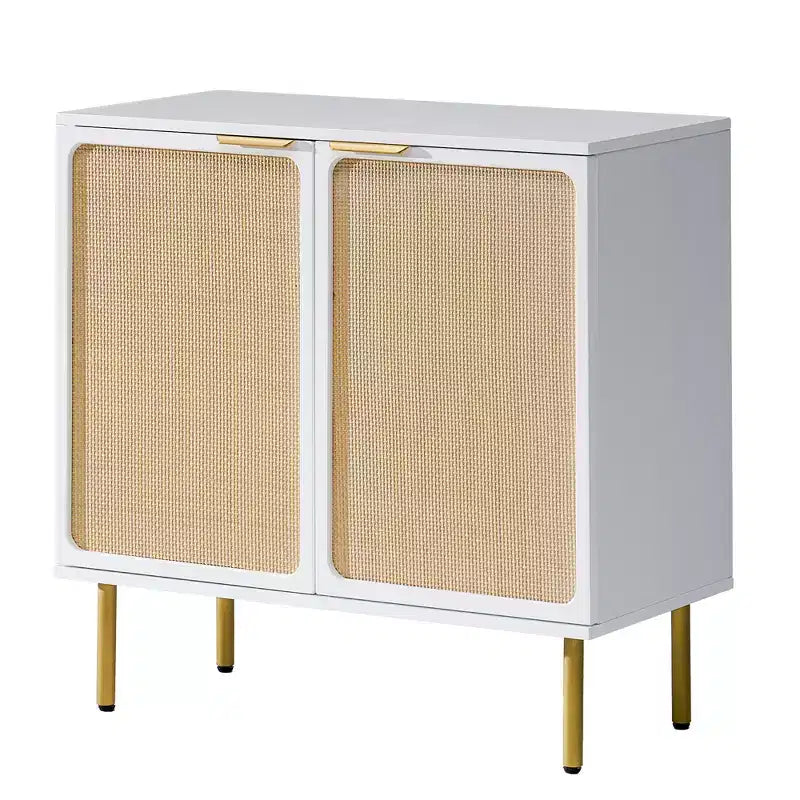 AMERLIFE 31,5 Ampio mobiletto d'accento bohémien in rattan a 2 ante con gambe in legno di caucciù dorato
