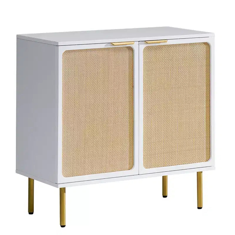 AMERLIFE 31,5 Ampio mobiletto d'accento bohémien in rattan a 2 ante con gambe in legno di caucciù dorato