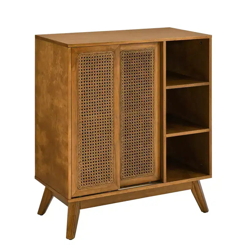 MAYEERTY Bahut buffet moderne du milieu du siècle en rotin avec étagère réglable, pieds en bois massif, portes en rotin Noyer