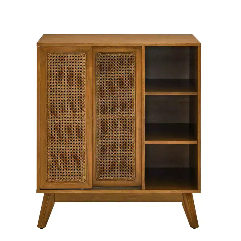 MAYEERTY Bahut buffet moderne du milieu du siècle en rotin avec étagère réglable, pieds en bois massif, portes en rotin Noyer