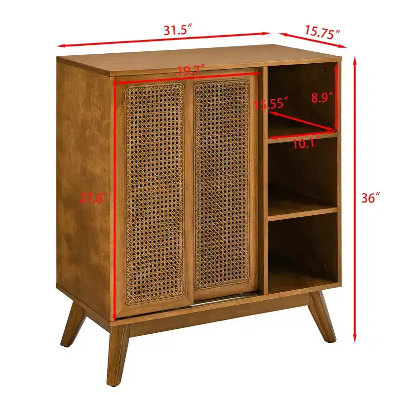 MAYEERTY Bahut buffet moderne du milieu du siècle en rotin avec étagère réglable, pieds en bois massif, portes en rotin Noyer