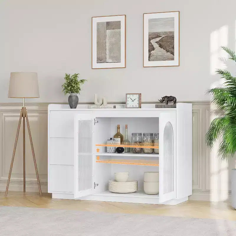 COZONY Mobile credenza 48" con 3 cassetti, ante in vetro e luci a LED, credenza moderna da bar per cucina e sala da pranzo