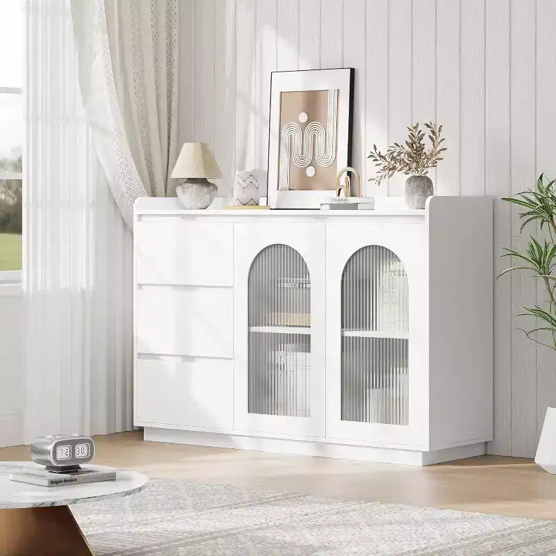 COZONY Mobile credenza 48" con 3 cassetti, ante in vetro e luci a LED, credenza moderna da bar per cucina e sala da pranzo