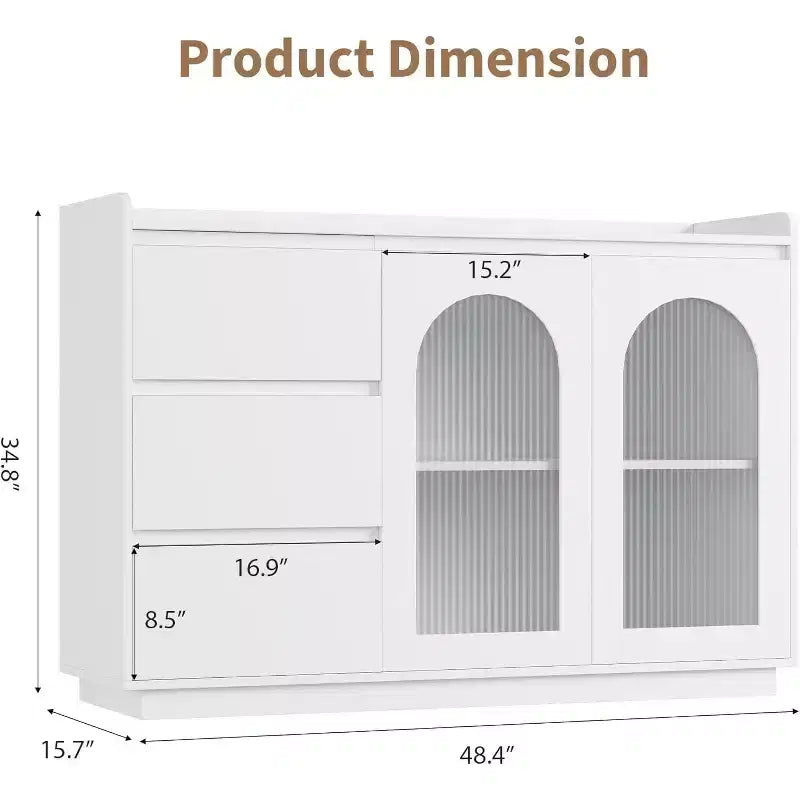 COZONY Mobile credenza 48" con 3 cassetti, ante in vetro e luci a LED, credenza moderna da bar per cucina e sala da pranzo