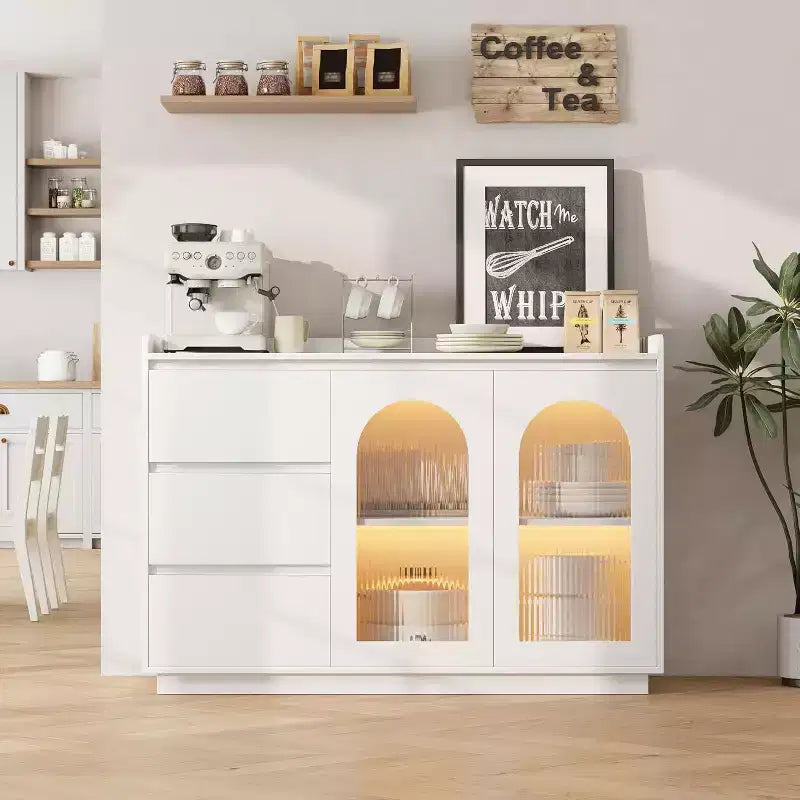 COZONY Mobile credenza 48" con 3 cassetti, ante in vetro e luci a LED, credenza moderna da bar per cucina e sala da pranzo
