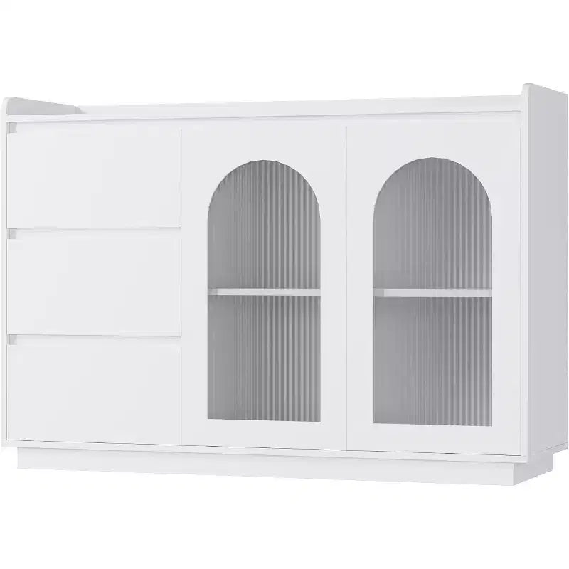 COZONY Mobile credenza 48" con 3 cassetti, ante in vetro e luci a LED, credenza moderna da bar per cucina e sala da pranzo