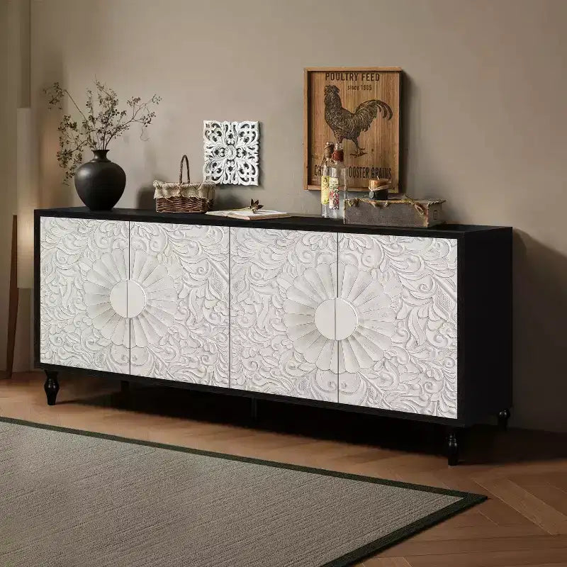 Mobile Contenitore Okak con Anta Intagliata a Fiore, Mobile Ingresso con Maniglia in Metallo, Credenza per Soggiorno