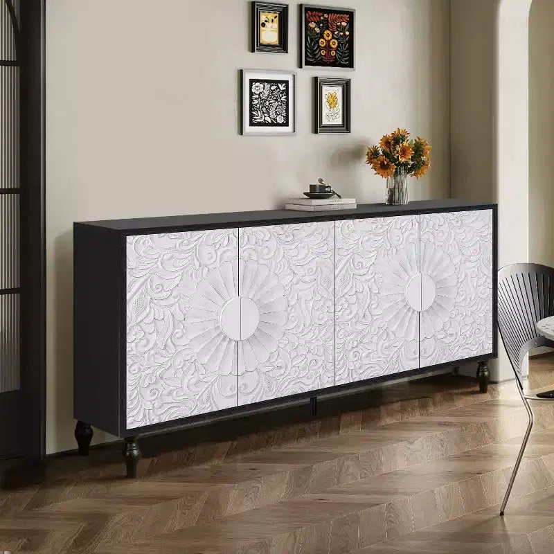 Mobile Contenitore Okak con Anta Intagliata a Fiore, Mobile Ingresso con Maniglia in Metallo, Credenza per Soggiorno