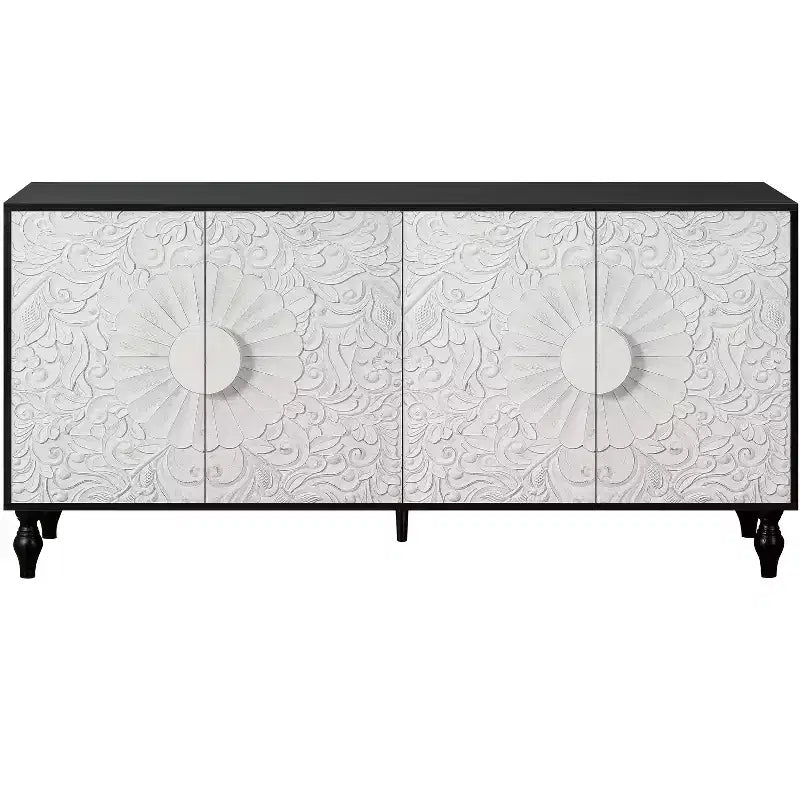 Mobile Contenitore Okak con Anta Intagliata a Fiore, Mobile Ingresso con Maniglia in Metallo, Credenza per Soggiorno