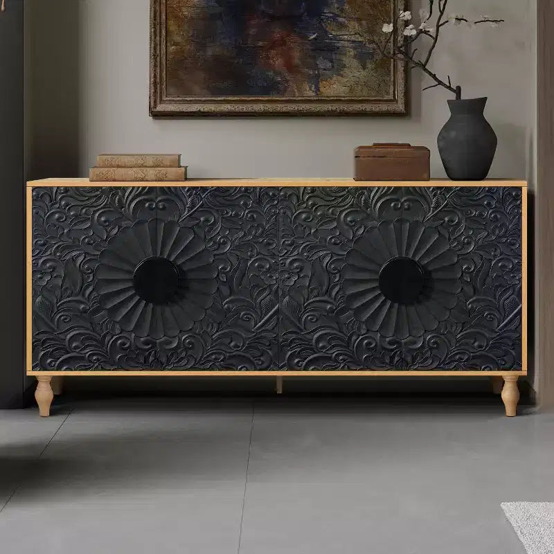 Mobile Contenitore Okak con Anta Intagliata a Fiore, Mobile Ingresso con Maniglia in Metallo, Credenza per Soggiorno