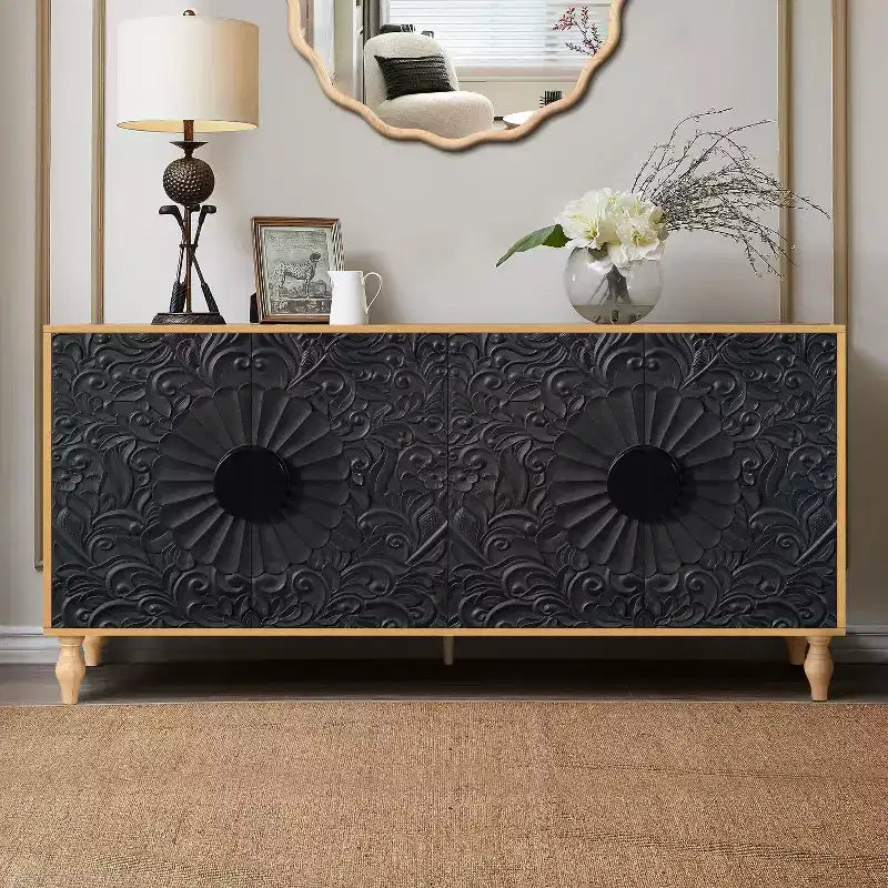 Mobile Contenitore Okak con Anta Intagliata a Fiore, Mobile Ingresso con Maniglia in Metallo, Credenza per Soggiorno